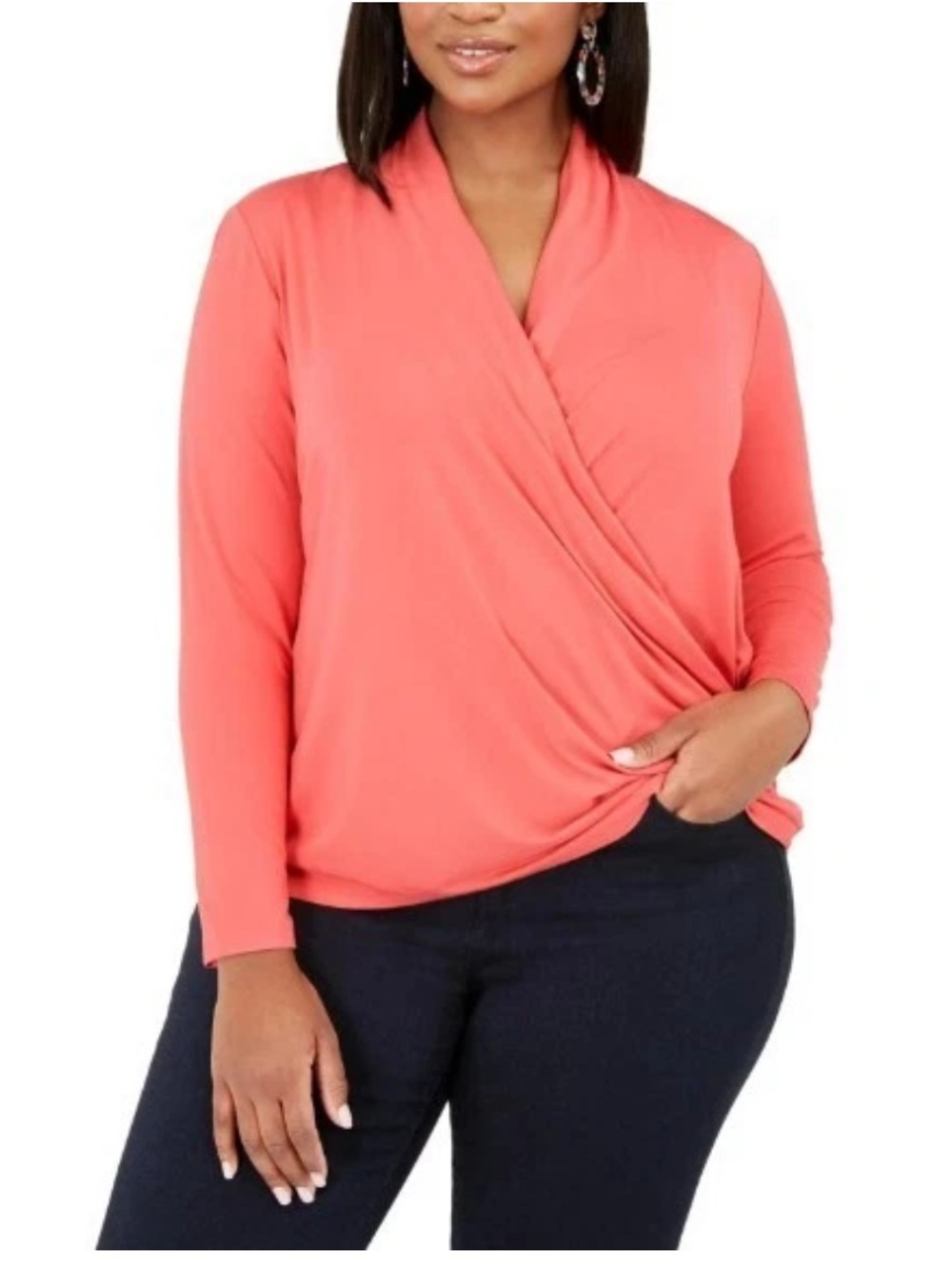 INC Surplice Top Women’s Size 3X Coral V-Neck Long Sleeve Layering Office Work